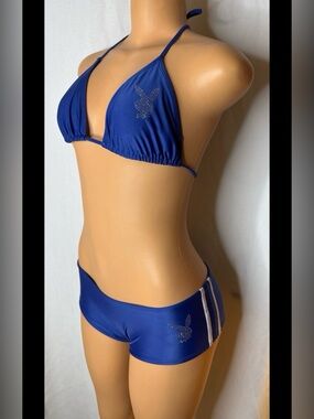 PLAYBOY Royal Blue Rhinestone Bunny Triangle Bikini Set